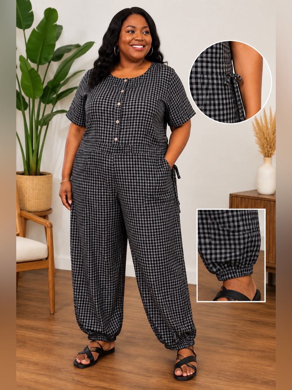 Women's Black Gingham Cotton Jumpsuit XXL BNWOT